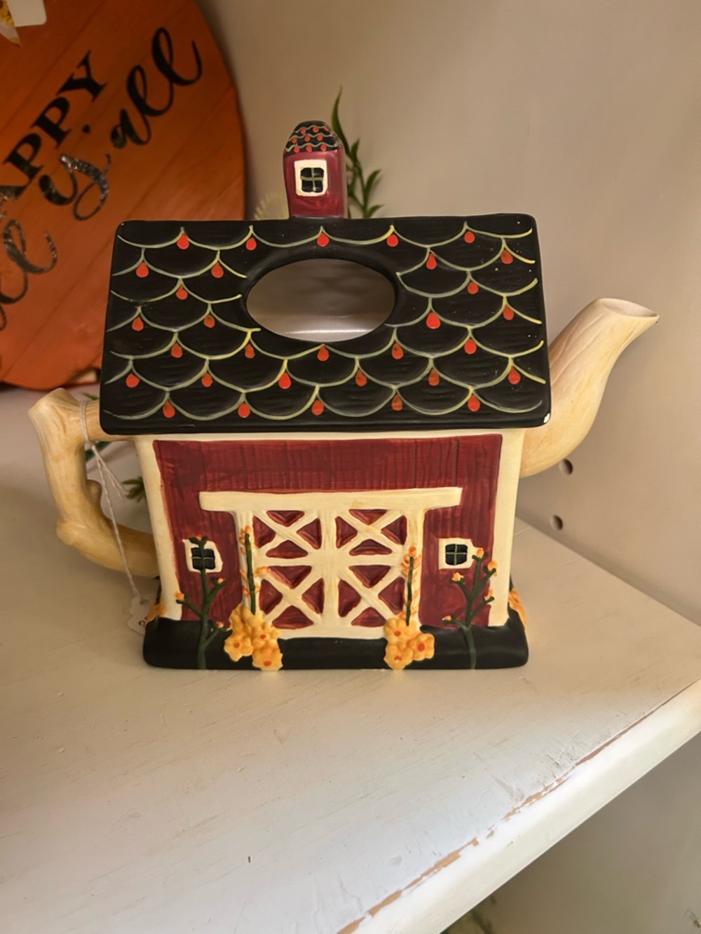 Sakura Red Barn Teapot Tissue Box Cover with Black Roof and Cream Accents